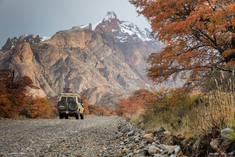 Driving overland through Los Glaciares National Park near El Chalten, Argentina